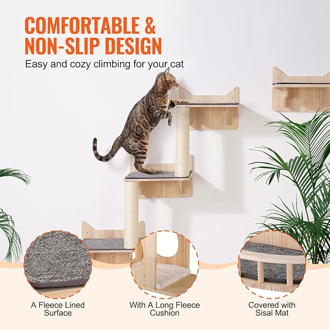 VEVOR Wall Mounted Cat Shelves, Cat Wall Shelves and Perches with Jumping Boards, Nest, Barrier Board & Cat Tree, Cat Floating Furniture up to 40 lbs for Sleeping, Playing, Climbing, Set of 5