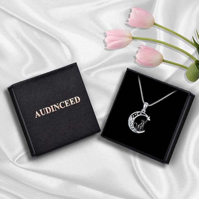 AUDINCCED Black Cat Necklace Turtle Necklace Gothic Jewelry Butterfly Necklace Cat Necklace 925 Sterling Silver Crescent Moon Necklace for Women Cat Gifts for Cat Lovers
