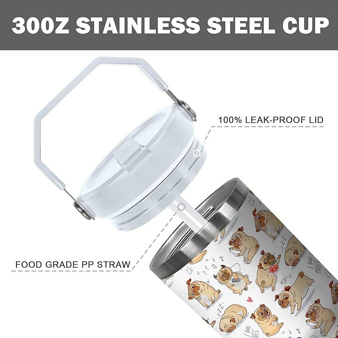 30 Oz Dog Tumbler with Handle and Straw, Insulated Dog Mugs for Dog Lovers, Double Wall Stainless Steel Pug Coffee Cup, Dog Dad Mug or Dog Mom Tumbler Pug Gifts for Women and Men