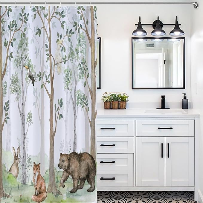 Animal Forest Watercolor Shower Curtains for Bathroom, Cartoon Bear Deer Fox Birds Rabbit Green Woodland Pattern Decor Bath Drapes Set with Hooks, Waterproof Fabric Windows Treatment, 66x72in