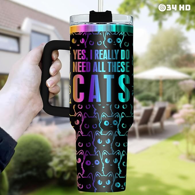 34HD Laser Engrave Black Cat Tumbler with Handle & Straw, 40oz Yes I Do Really Need All These Cats Cup, Cat Lover Gifts for Women Birthday Mother Day Father Day Christmas