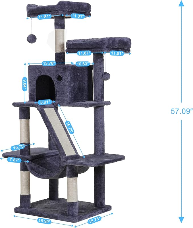 Hey-brother Cat Tree Tower, 57" Cat Tower with Scratching Posts, Multi-Level with hammocks, Toys, cat condo and Scratching Board, Smoky Gray MPJ028G