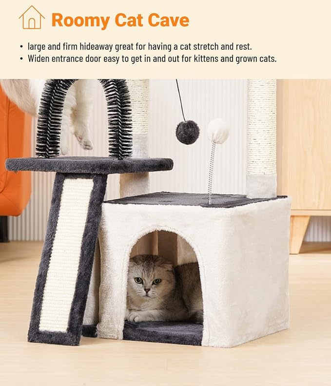 Happi N Pets Cat Tree Tower for Indoor Cats, Multi-Level Cat Tree with Scratching Posts & Pads, Cozy Cat Perch, Cat Self Groomer and Interactive Toys, Featuring with Large Cat Cave, Light Gray