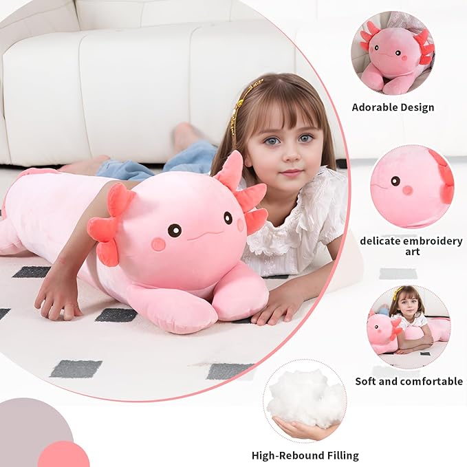 40'' Large Axolotl Plush Stuffed Animal, Axolotl Pink Long Pillow Toy, Giant Soft Stuffed Salamander Plushies Gift for Kids Boys Girls, Birthday