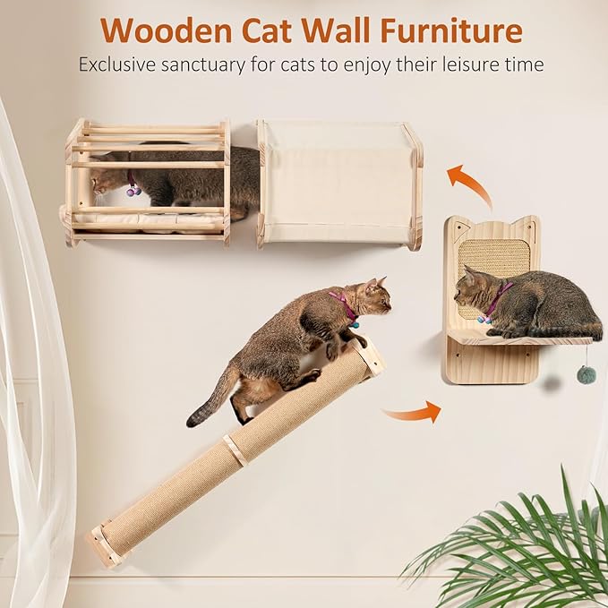 Cat Wall Shelves and Cat Wall Climber for Wall, Wooden Wall Mounted Cat Furniture, 5 Set ofCat Climbing Perches with Wall Steps, Scratching Posts, Scratching Perch, and Cat Tunnel