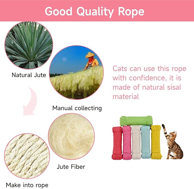 Multicolor Natural Hemp Rope, Cat Scratching Posts Replacement Rope,Repair and Replace Scratching Post cat Tree, 1/4" Rope Cat Scratch Post DIY Jute Twine,Come with a Play Ball.(164FT, Pink)