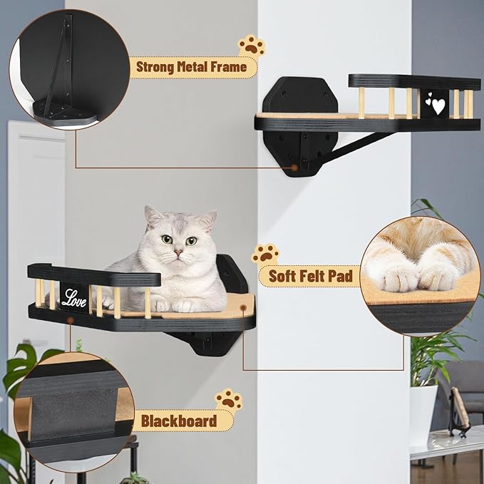 Cat Wall Furniture Wall Mounted, 2PCS Cat Shelves and Cat Perches for Wall with 3 Cat Wall Steps and Scratching Pad, Cat Wall Shelves Fit Cat Up to 15Lbs, Wood Cat Hammock Wall Mount (Black)