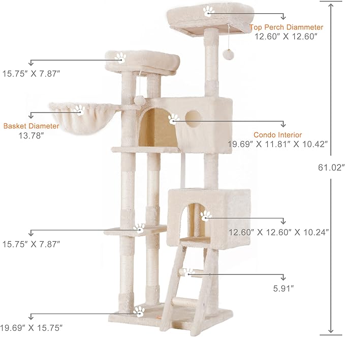 Heybly Cat Tree, Cat Tower for Indoor Cats,Multi-Level Cat Furniture Condo for Large Cats with 2 Padded Plush Perch, Cozy Basket and Scratching Posts HCT023M