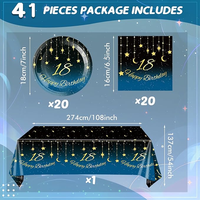 18th Birthday Party Decorations, 41Pcs Starry Sky Party Tableware Set Includes 20 Plate 20 Napkins and 1 Tablecloth, 18 Years Old Birthday Theme Party Supplies for Boys Girls Birthday Party Favors