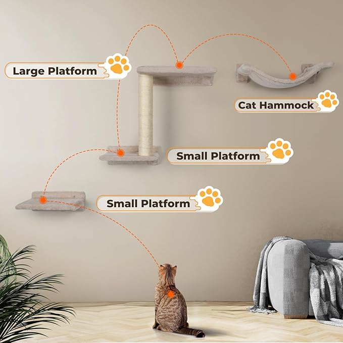 Cat Wall Furniture Shelves - 5 Pcs Wall-Mounted Cat Furniture, Including 2 Cat Steps, 1 Perches, 1 Cat Hammock, 1 Sisal Cat Scratcher Post, DIY Cat Walls Playground for Large Cats