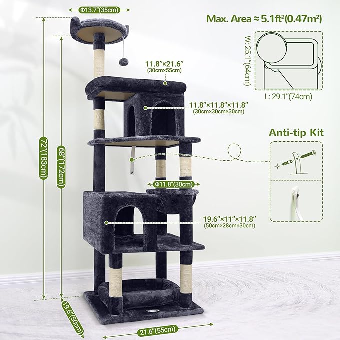 S72 Heavy Duty Cat Trees for Large Cats, Sturdy 72in Maine Coon Cat Tree for Large Cats 20 lbs+ Heavy Duty Cat Tower for Adult Biggest Cats with 6 Scratching Posts, Hammock, Dark Gray