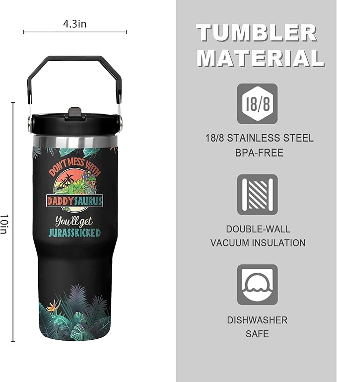 30 Oz Papasaurus Tumbler with Handle and Straw, Daddy Cup Insulated Best Daddy Mug, Double Wall Stainless Steel Dadasaurus Cup, 30 Oz Leak Proof Daddy Mug and Travel Mugs for Dad Gifts