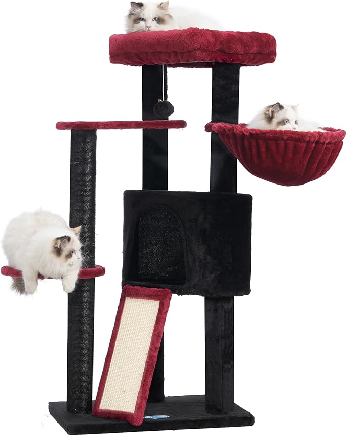 Hey-brother Gothic Cat Tree with Scratching Board, Cat Tower with Padded Plush Perch and Cozy Basket, Multi-Platform for Jump, Black and Red MPJ005BR