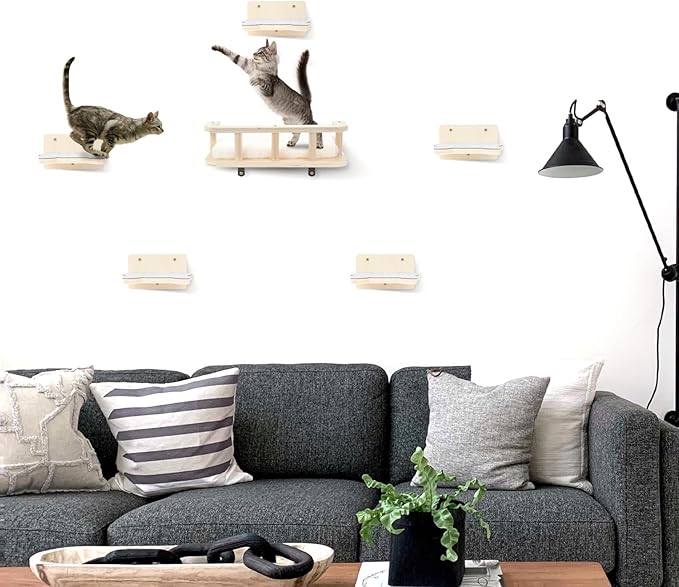 Cat Wall Shelves with 5 Steps, Cat Shelves and Perches for Wall, Cat Wall Furniture Cat Climbing Shelf for Indoor with Plush Covered, Gift for Medium/Small Cat (Gray Steps, 1pack)