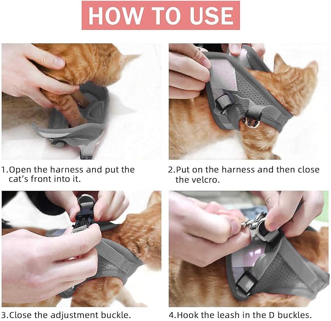 Cat Vest Harness and Small Dog Vest Harness for Walking, All Weather Mesh Harness, Cat Vest Harness with Reflective Strap, Step in Adjustable Harness for Small Cats (Pink-Pattern, Medium)