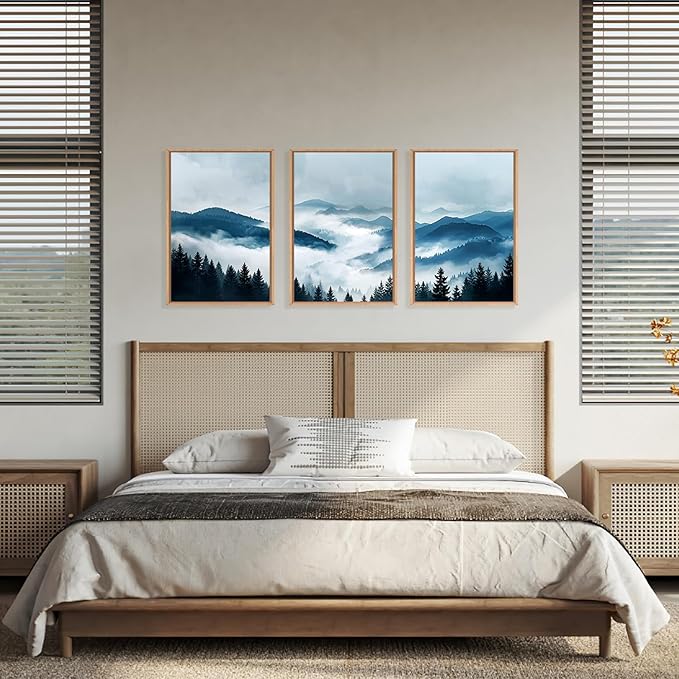 Ausril Blue Boho Mountain Framed Canvas Wall Art Set, Watercolor Misty Forest Wall Decor, Foggy Pine Tree Wall Painting, Nature Mountain Landscape Art Print for Living Room, Bedroom, Office 16"x24"x3