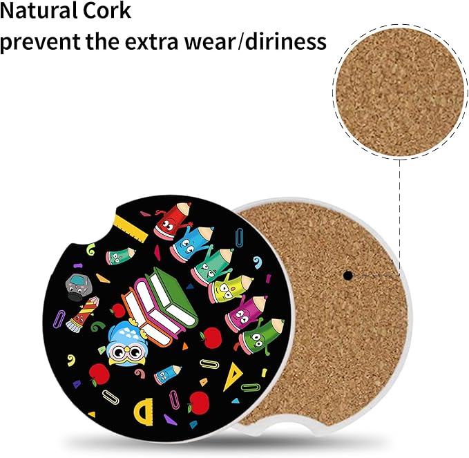2 Pack Ceramic Cup Holders,Owl and Pencil Pattern Car Coasters Set for Women/Men,2.56" Cup Car Holder Coasters,with A Finger Notch,2.56" Ceramic Stone & Cork Base Drink Coasters.