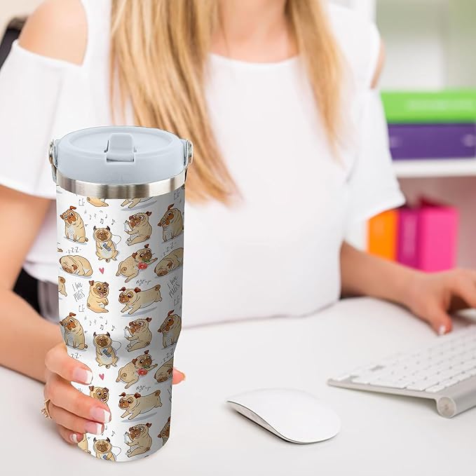 30 Oz Dog Tumbler with Handle and Straw, Insulated Dog Mugs for Dog Lovers, Double Wall Stainless Steel Pug Coffee Cup, Dog Dad Mug or Dog Mom Tumbler Pug Gifts for Women and Men