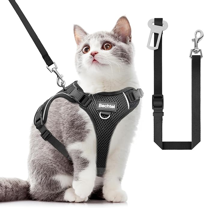 Cat Harness and Leash for Walking, The Upgrade Can be Adjusted in Four Directions and Breathable Cat Harness for Anti Escape That can be Fitted and Positioned, Reflective Strips Harness, Black, XS