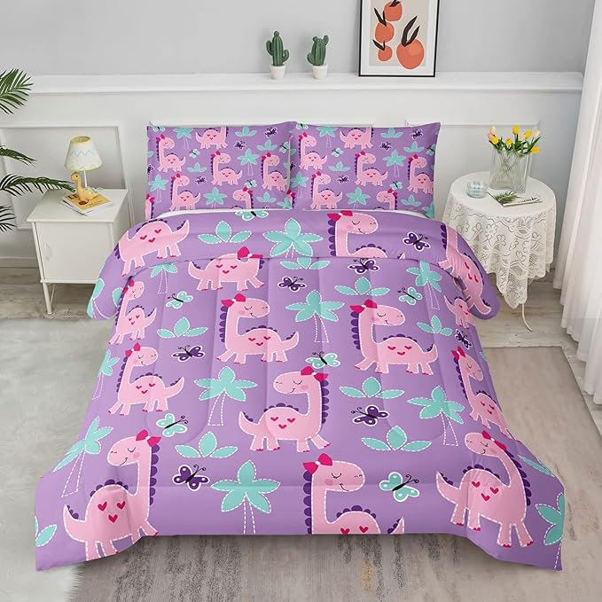 Axolotl Cute Dinosaur Comforter Set Full Size,Girls Bedding Cartoon Dinosaur Bedding Set for Girls Teens Kids Boys Adults Room Decor,Kids Comforter Set All Season,1 Quilt 2 Pillow Cases,Purple