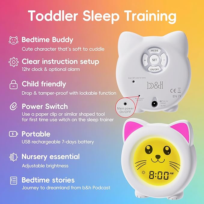B&H Sleep Trainer Clock for Toddler - Ok to Wake Clock, USB Rechargeable Cat Kids Alarm Clock, Drop Proof, Night Light, Science-Backed Lighting for Peaceful Sleep and Ready to Rise Mornings - Kitty