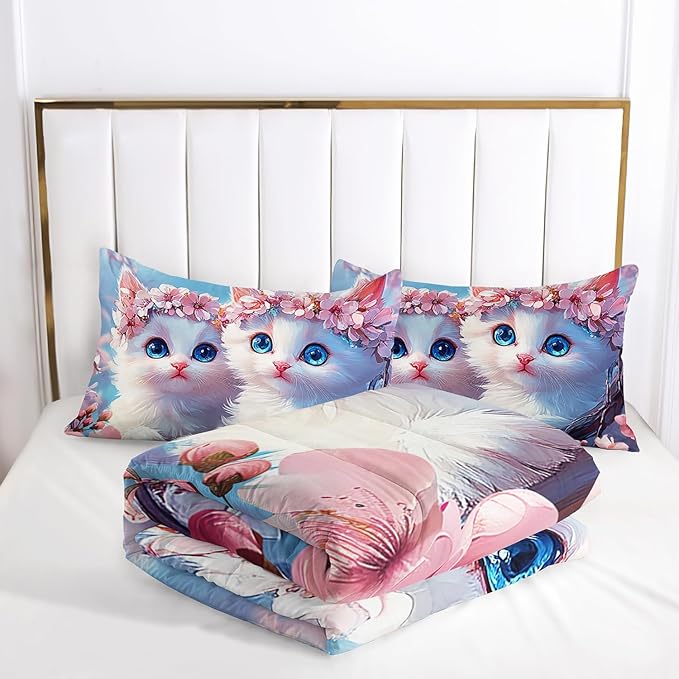 AILONEN Kids Cute Cat Bedding Twin Size,Beautiful Fairy Cat Girls Comforter Set,Pink Flower Cat Comforter Set,Kawaii Cat Duvet,1 Comforter with 2 Pillowcases,3 Pieces