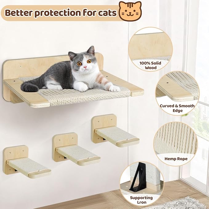 Cat Hammock Cat Wall Shelves with 3 Cat Wall Steps, Wall Mounted Cat Shelves and Perches with Hemp Rope Scratching, Cat Wall Furniture Climbing Shelves for Indoor Cats Set