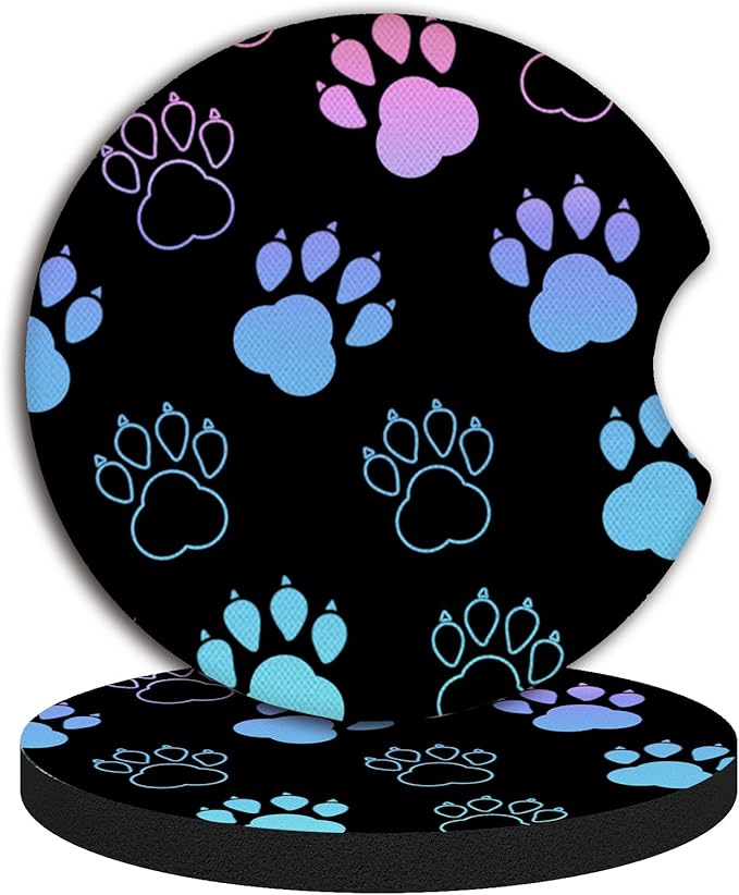 Absorbent Car Coasters for Cup Holders, 2 Pack Universal Neoprene Car Coasters with Finger Slot, Auto Accessories for Women & Men,2.56"(Gradient Black Dog paw Print)
