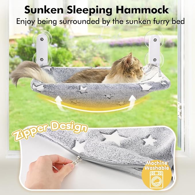 2PC Cat Window Perch, Glow in The Dark Cordless Foldable Cat Hammock Bed for Window with Sturdy Metal Frame, Stars Pattern Window Resting Seat for Indoor Cats (Stars Cat Bed, M-2PC)