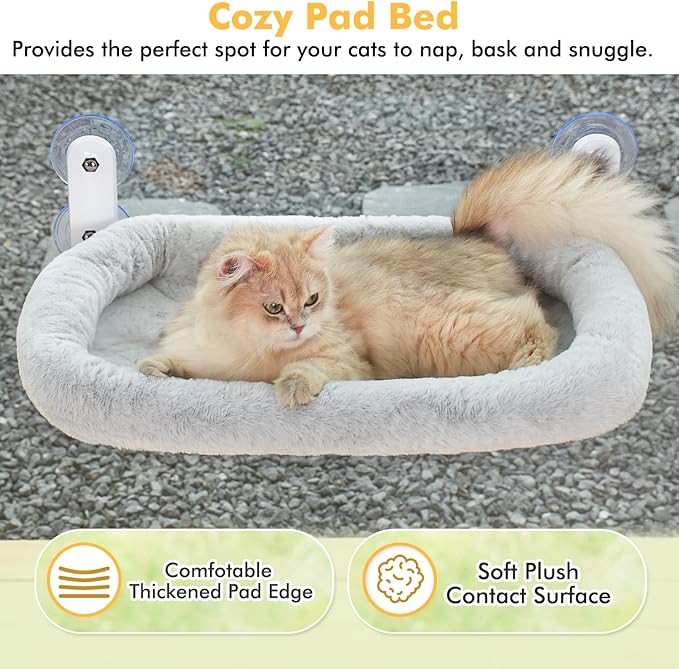 Cat Window Perch, Cordless Cat Hammock Window Seat with Cozy Pad Bed Cover for Indoor Cats, Durable Metal Frame Support Cat Bed with 4 Suction Cups for Large Cats (Cushion Pad Bed - Grey)
