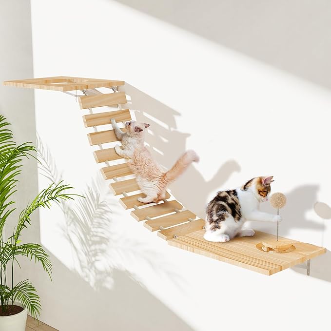 Cat Wall Hammock, Wall Mounted Cat Bridge with Track Toy Ball & 3 Hanging Ball, Pet Ladder Wide 10"" Long 29"" for Climb, Perch, Activity, Easy Install Wooden Cat Steps Hammock Tree Shelf