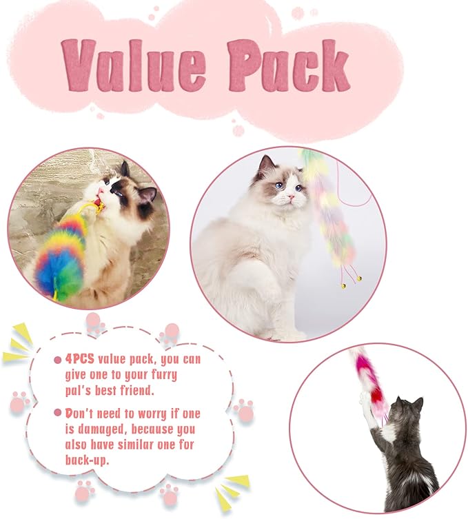 4 Pack Cat Wand Toy, Rainbow Cat Feather Toys with Bells, Cat Teaser Wand with Soft Furry Tail, Interactive Cat Toys for Indoor Cats & Kitten & Kitty
