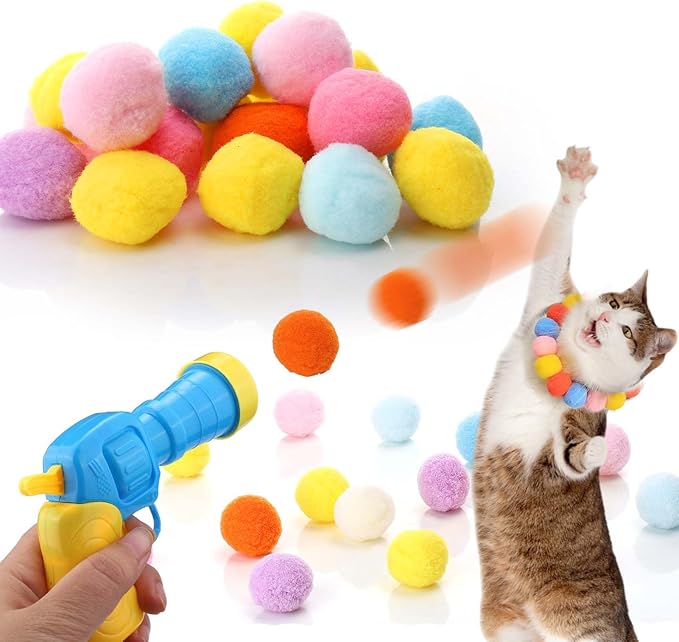 AIERSA Cat Toy Ball Launcher Gun,Cat Fetch Toy Gun Shooter, Plush Ball Shooting Gun with 20Pcs Pom Pom Balls, Toys Interactive for Indoor Cats