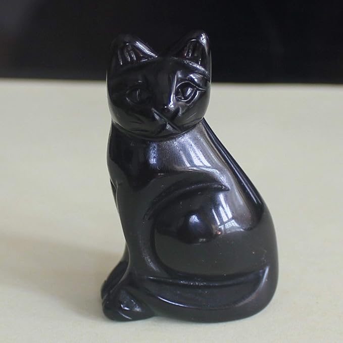 2‘’ Hand Carved Mixed Gemstone Crystal cat Animal Figurine Animal Carving (Black Obsidian)