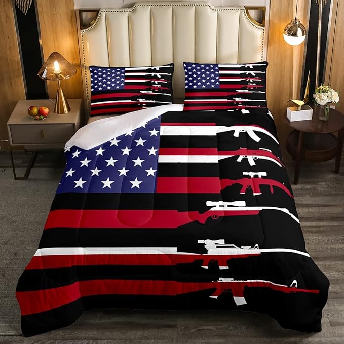 American Flag Comforter Set Twin,Army Guns Military Bedding Set for Kids Boys Teens Man,Red Blue Stars Stripe USA Flag Bedding Comforter Soldier Rifle Quilt Duvet Set 1 Pillow Case Bedroom Decor