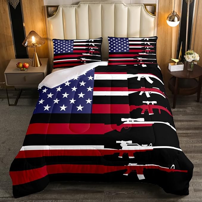 American Flag Comforter Set King,Army Guns Military Bedding Set for Kids Boys Teens Man,Red Blue Stars Stripe USA Flag Bedding Comforter Soldier Rifle Quilt Duvet Set 2 Pillow Cases Bedroom Decor