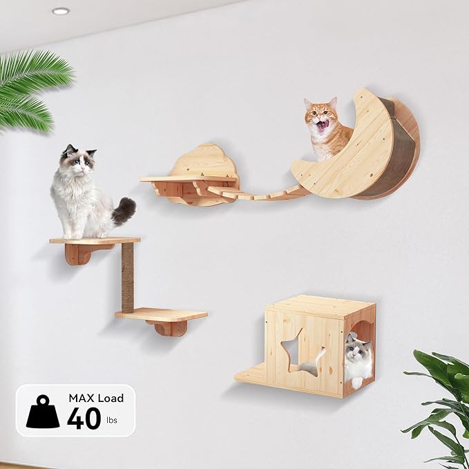Cat Wall Shelves 7PCS Set for DIY Solid Wood Cat Star Houses & Condos Cat Perches Cat Scratching Post Cat Bridge for Kitty & Kitten Modern Cat Tree