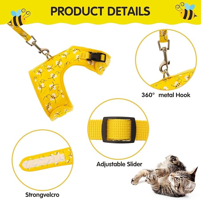 Cat Harness with Leash and Collar for Walking - Escape Proof with 59 Inches Leash - Adjustable Soft Vest Harnesses for Medium Large Cats Bee
