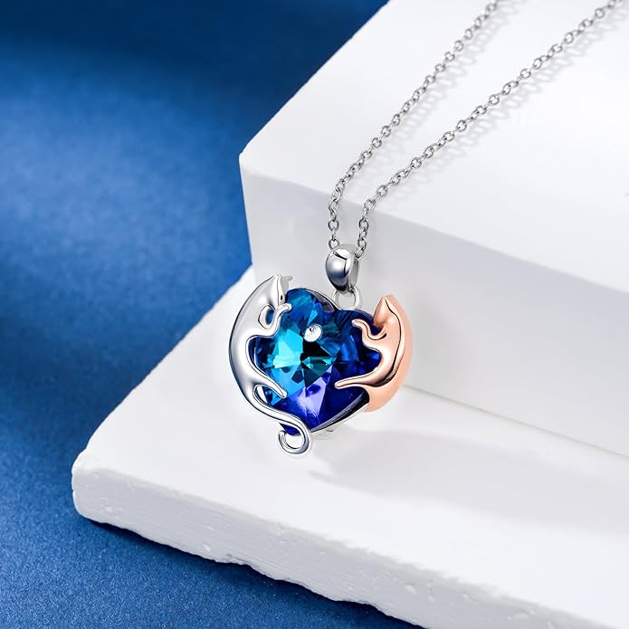 AOBOCO Valentine Cat Necklace for Women 925 Sterling Silver Cat Pendant Necklace Embellished with Crystals from Austria Jewelry Gifts for Cat Lovers