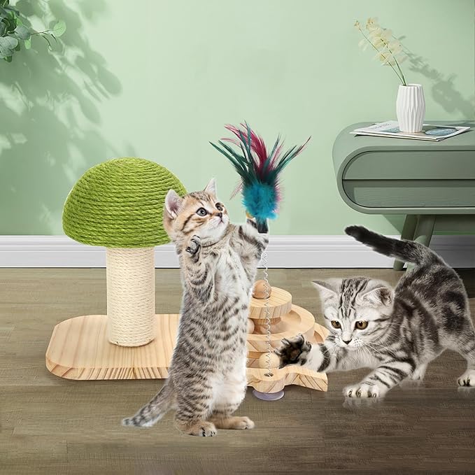 Cat Scratching Post, Sisal Mushroom Scratcher, Interactive Cat Toy with Ball and Bell Feather for Kittens and Small Cats