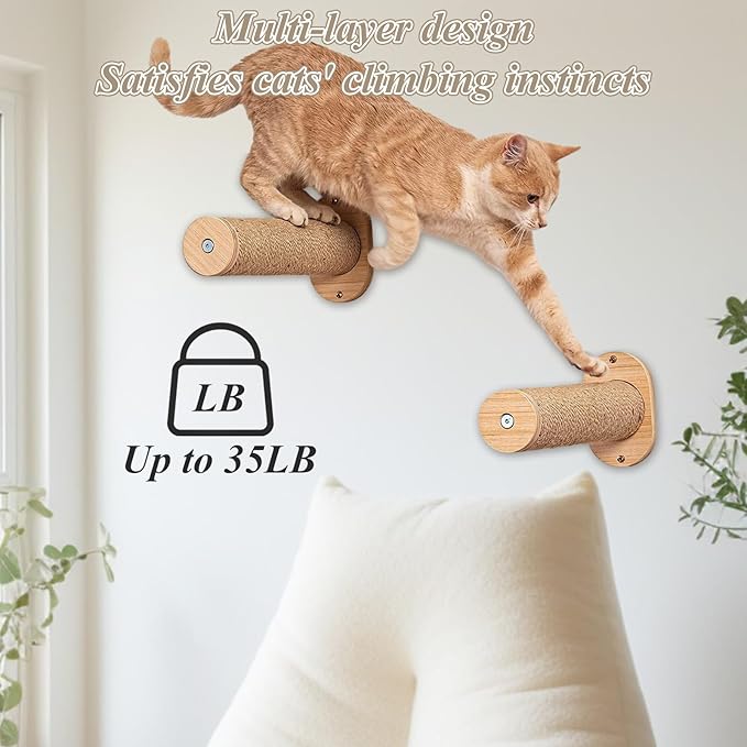 2 Pack Cat Wall Steps 11.8 Inch Cat Wall Furniture for Wall, Cat Stairs Climbing Shelf with Jute Rope, Cat Wall Shelves for Indoor Cats Playing Climbing Scratching