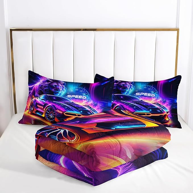 AILONEN Boys Kids Racing Car Bedding Set Queen Size,Neon Speed Car & Lion Comforter with 2 Pillowcases,3 Pieces Soft Lightweight Racer Duvet Set