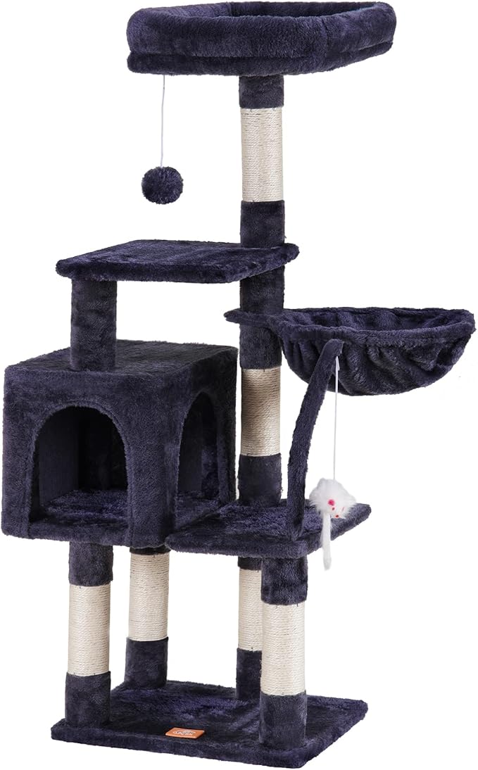 Heybly Cat Tree with Toy, Cat Tower condo for Indoor Cats, Cat House with Padded Plush Perch, Cozy Hammock and Sisal Scratching Posts, Smoky Gray HCT004SG