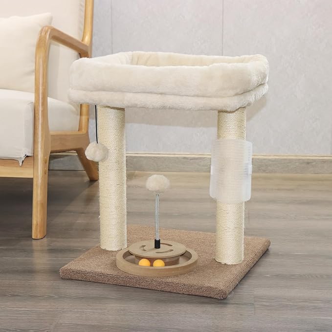 PAWSFANS Cat Tree Scratching Post,Small Cat Tower with Perch Bed Scratch for Indoor Cats and Kittens Scratcher.Track Toy Hanging Ball Bursh Beige