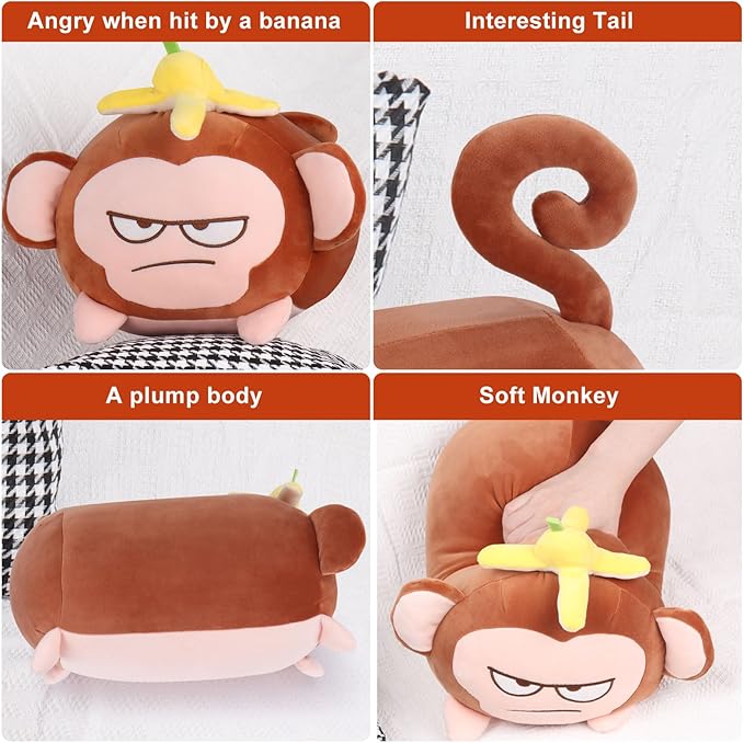 Achwishap Banana Monkey Plush Pillow,Monkey Stuffed Animal Plushy Toy,Cute Plushie Banana Monkey Kawaii Plushie,Lovely Monkey Hugging Pillow for Gifts Girls Boys(14”Brown)