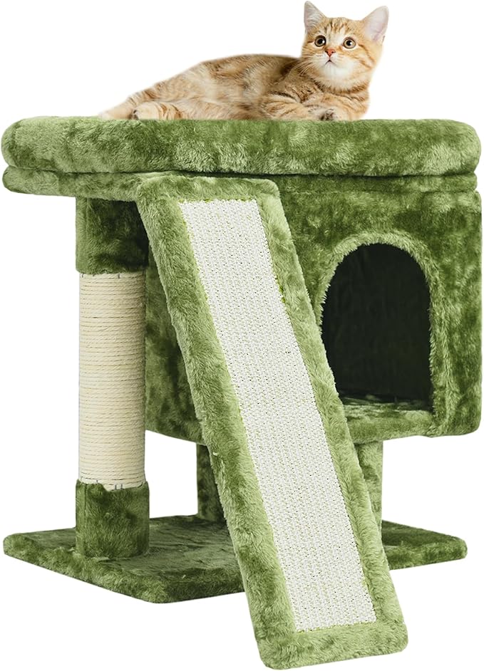YANDLVY Small Cat Tower for Cats, Cute Cat Tree for Indoor Cats, Kittens Condo with Scratching Post and Board, Cat Cave, Modern Cat Activity House with Plush Perch (Green)