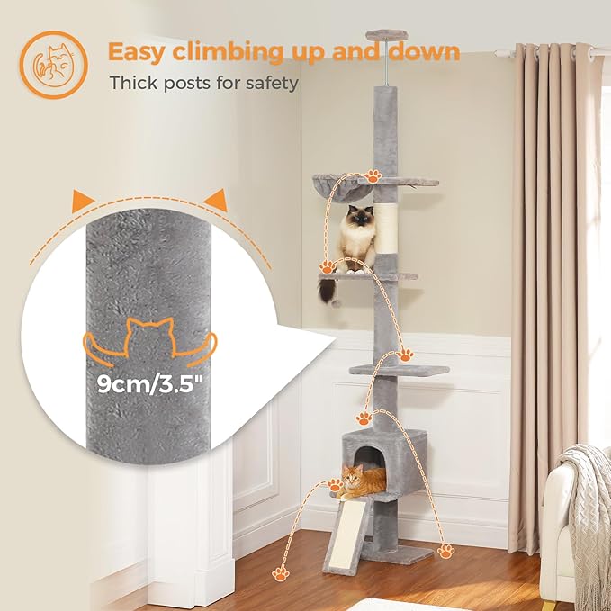 PETEPELA Floor to Ceiling Cat Tree, Cat Tower 5 Tiers Tall (83-108 Inches) Adjustable Height, Cat Climbing Tree Featuring with Cat Condo, Cat Scratching Post and Cat Perches for Indoor Cats, Grey