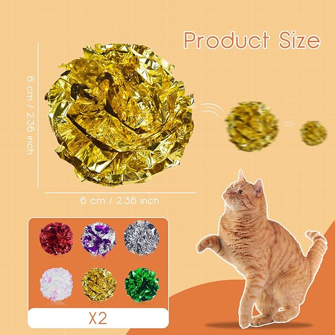 Andiker Cat Crinkle Balls, 2.36 Inches 6 Colors 12pcs Cat Balls Chew and Chase Cat Mylar Crinkle Balls Lightweight Cat Toys for Indoor Cats to Keep Fit and Active for Cat and Kitten(12pcs)