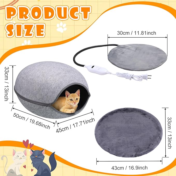 19.7 Inch Heated Cat Bed, Indoor Heated Cat Cave, Heated Cat Pad Cat Bed Warmer Thermal Pet Bed with Removable Waterproof Heater for Kitty Small Dogs Gray