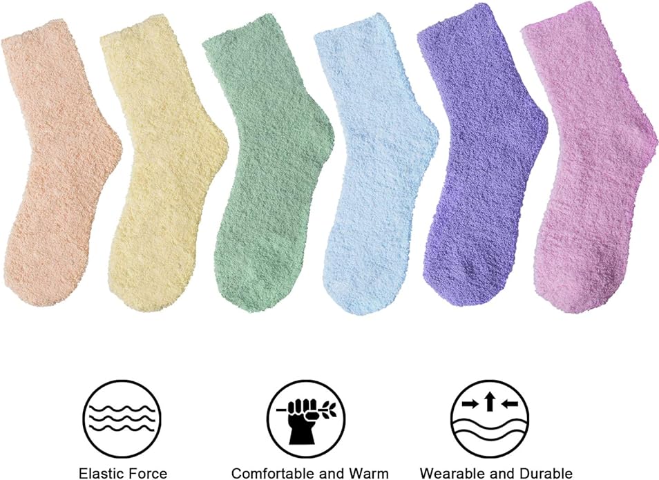 6 Pairs Womens Fuzzy Socks Winter Warm Soft Cozy Fluffy Microfiber House Sleeping Slipper Socks Christmas Gifts